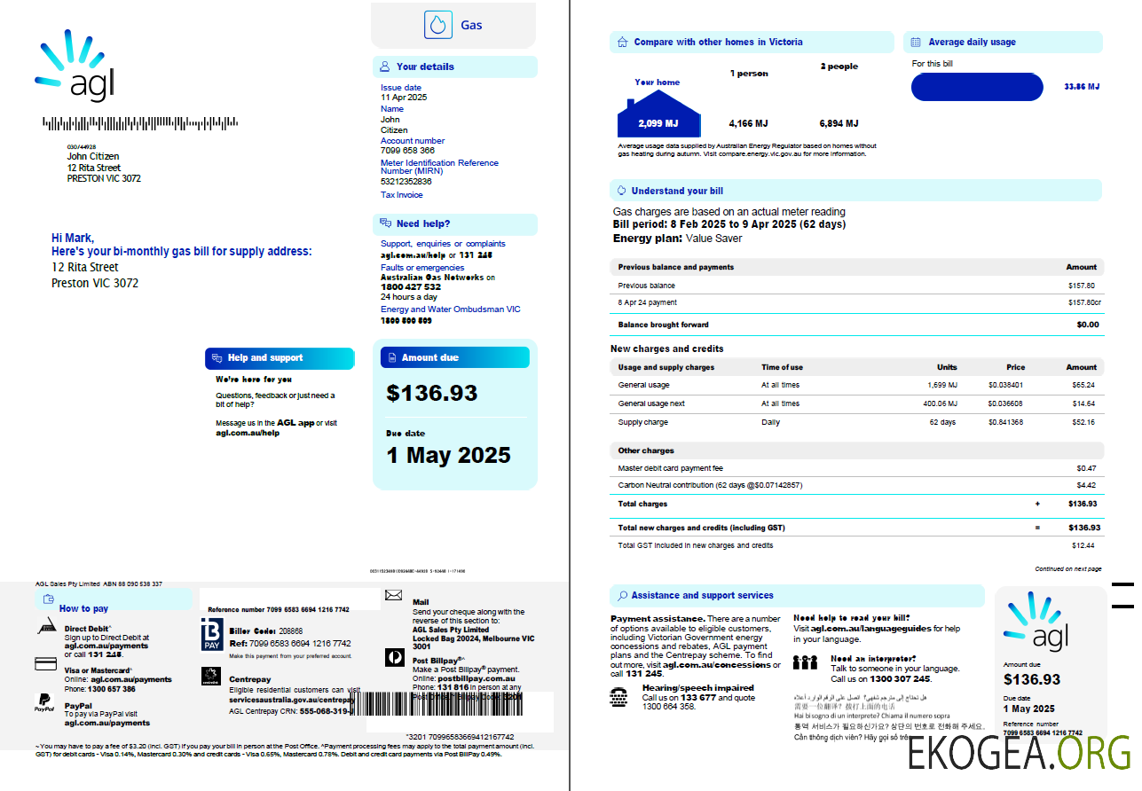 Australia AGL Gas utility bill template in Word and PDF formats, 3 pages, 1 2 page